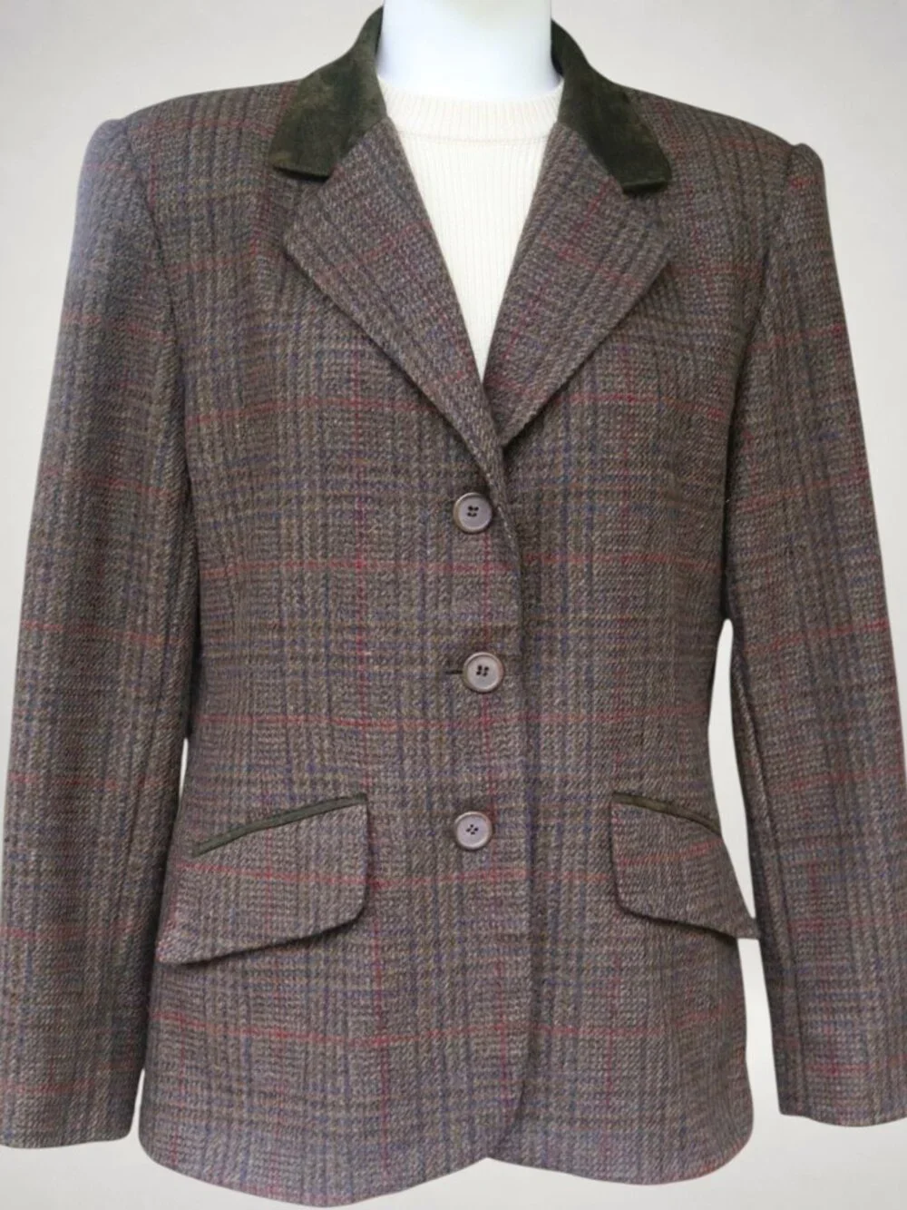 Vintage Wool Plaid Blazer Suede Trim Jacket Women 12 Made in Russia